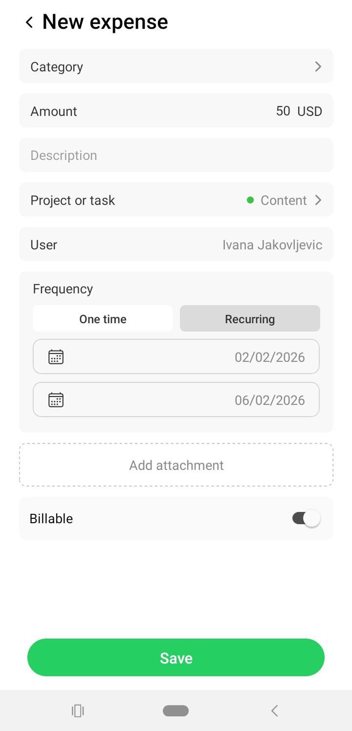 Scheduling recurring expenses in TimeCamp&rsquo;s mobile app