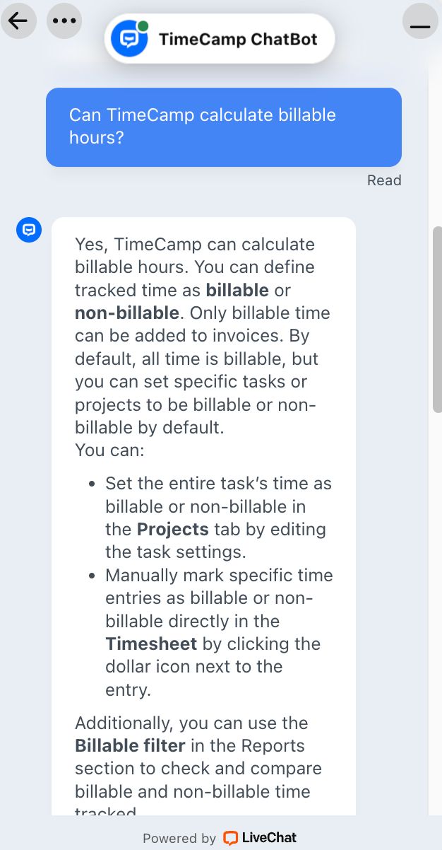 TimeCamp&rsquo;s chat support