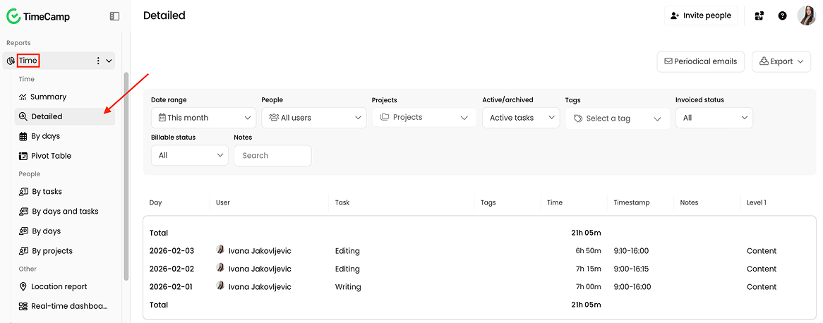 TimeCamp&rsquo;s detailed time report