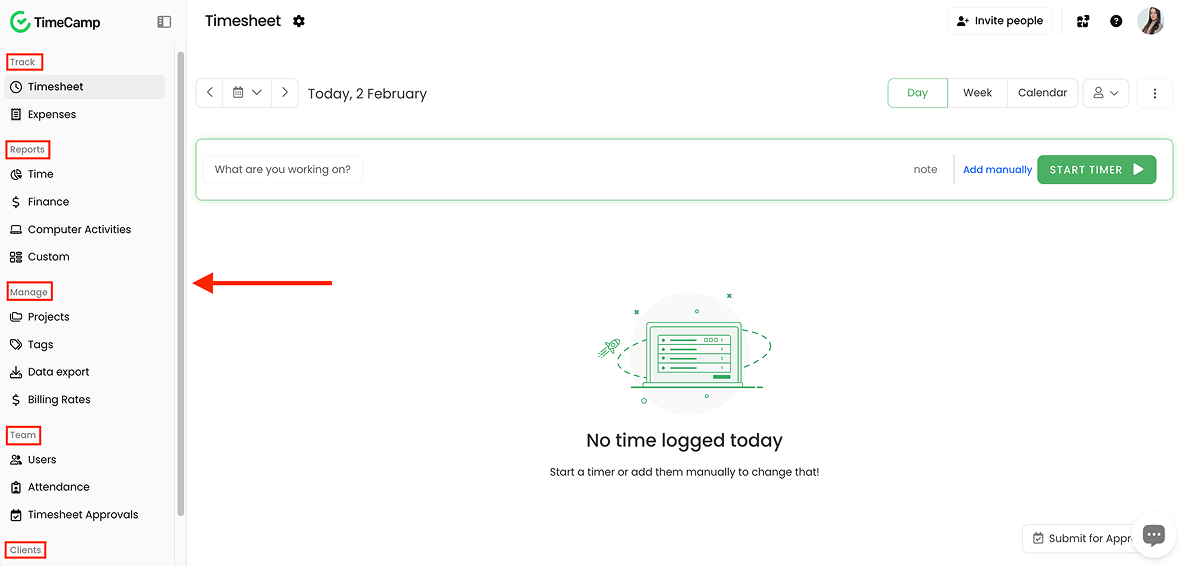 TimeCamp&rsquo;s features are located in the left sidebar