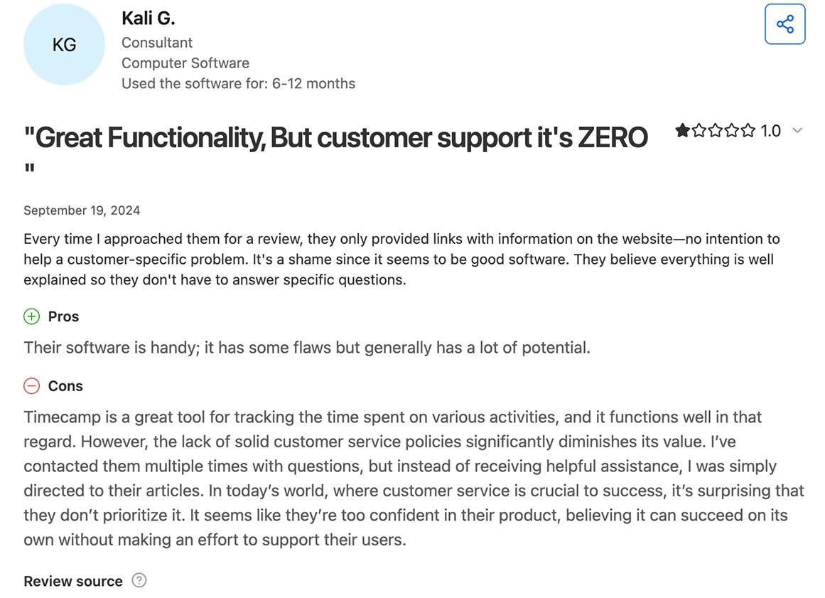 TimeCamp user review on Capterra