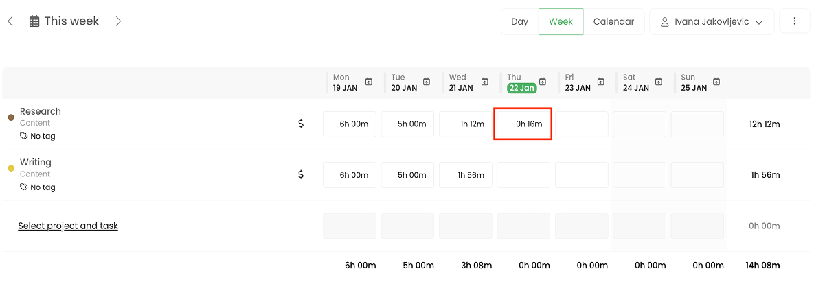 Weekly timesheet view in TimeCamp