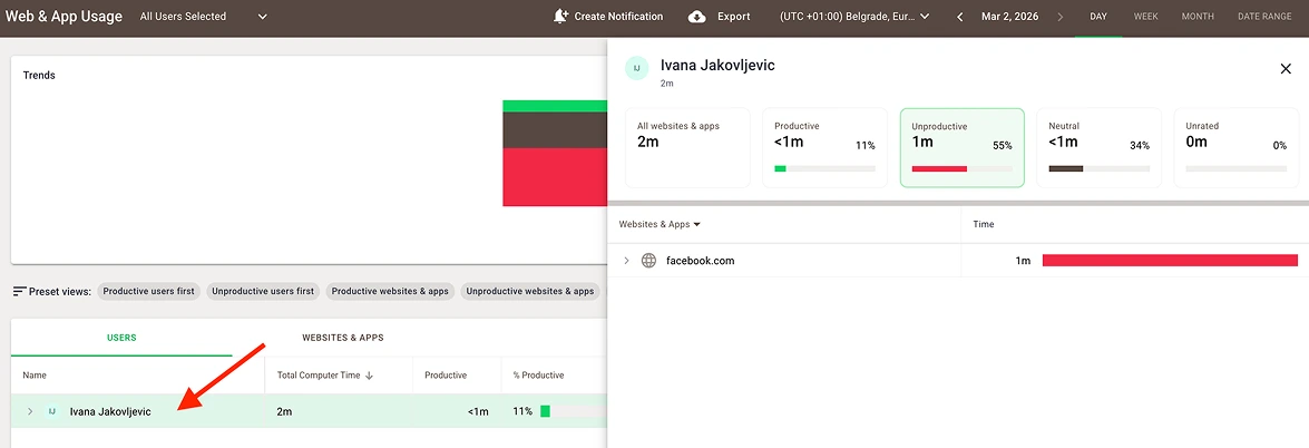 Individual productivity analysis in Time Doctor