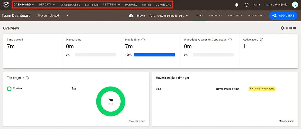 The navigation bar in Time Doctor
