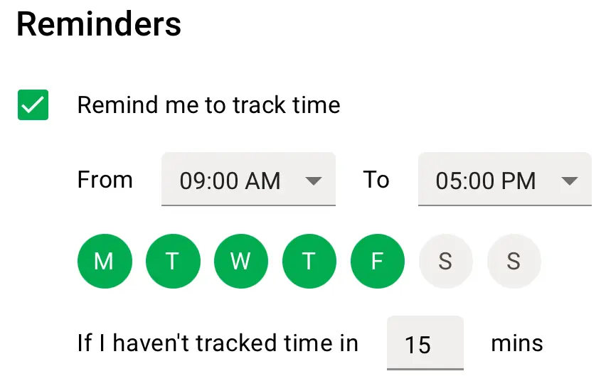 The &lsquo;Remind me to track time&rsquo; option in Time Doctor