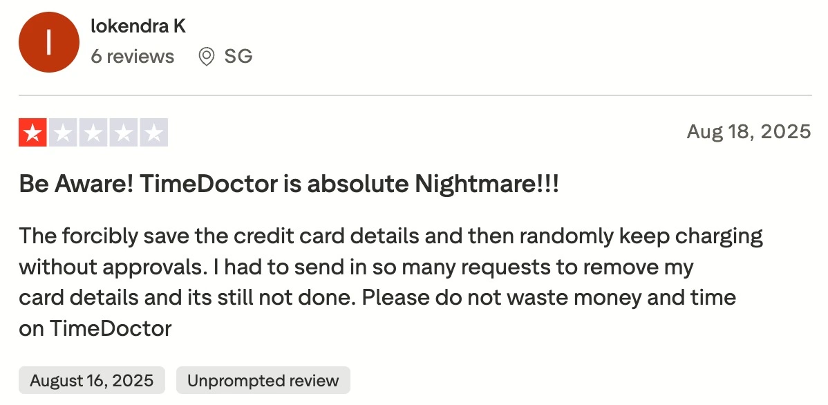 Time Doctor user review on Trustpilot
