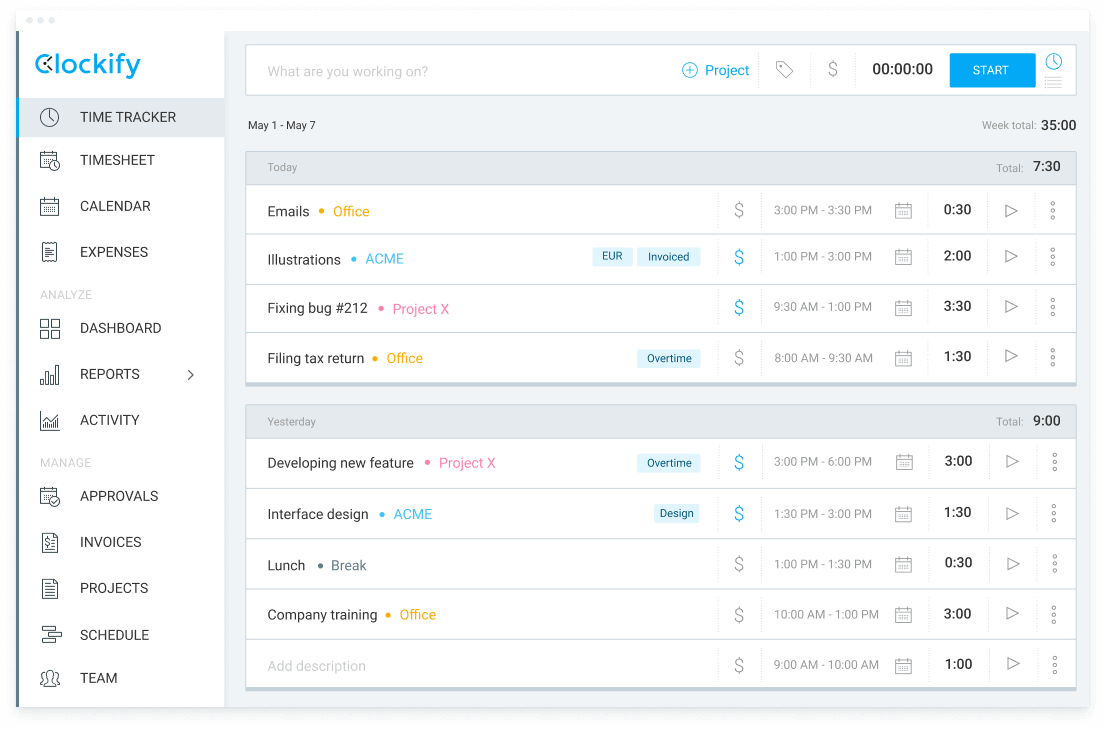 Software de cronometragem da Clockify