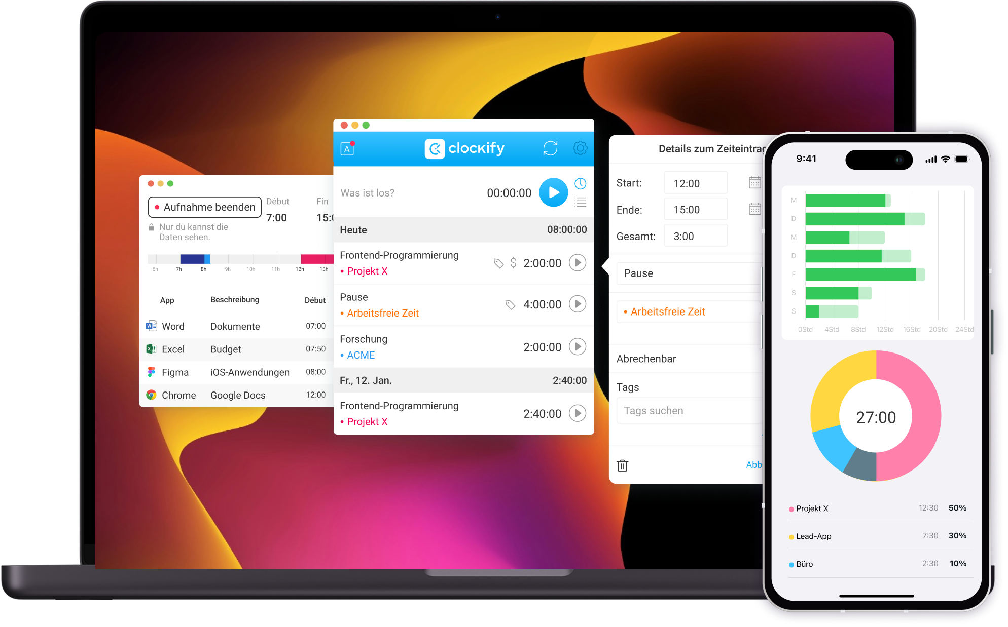 Mitarbeiter erfassen ihre Arbeitszeiten in der App über den Timer oder eine Arbeitszeittabelle