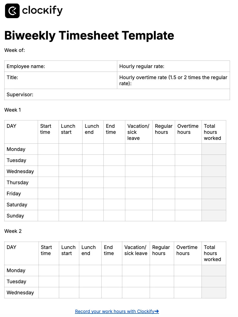 Biweekly timesheet template