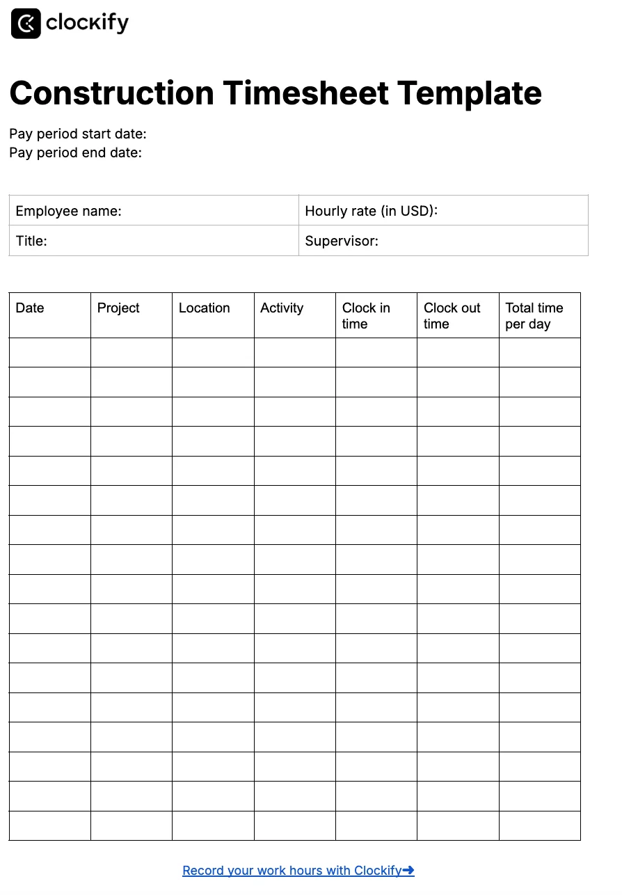 Construction timesheet template