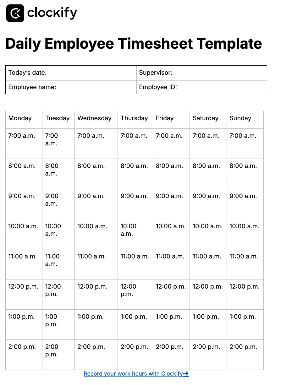 Daily employee timesheet template