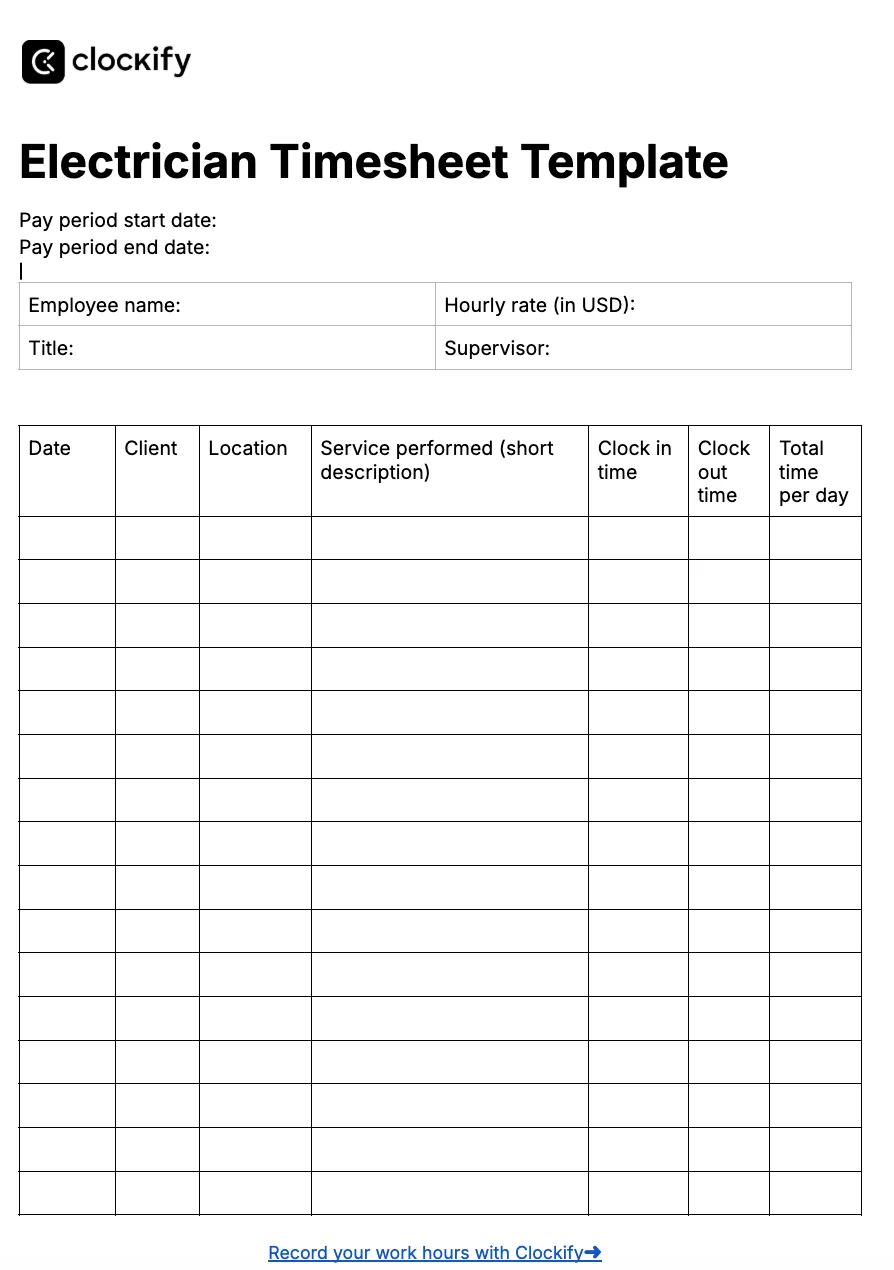 Electrician timesheet template