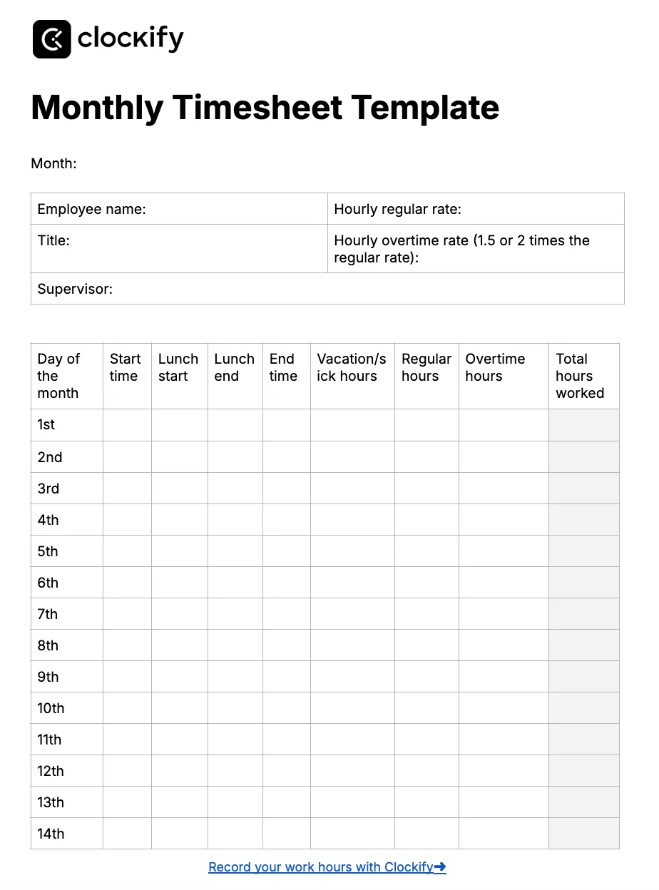 Monthly timesheet template