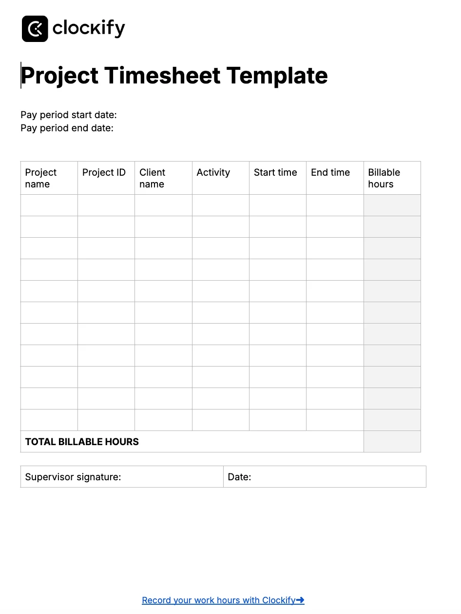 Project timesheet template