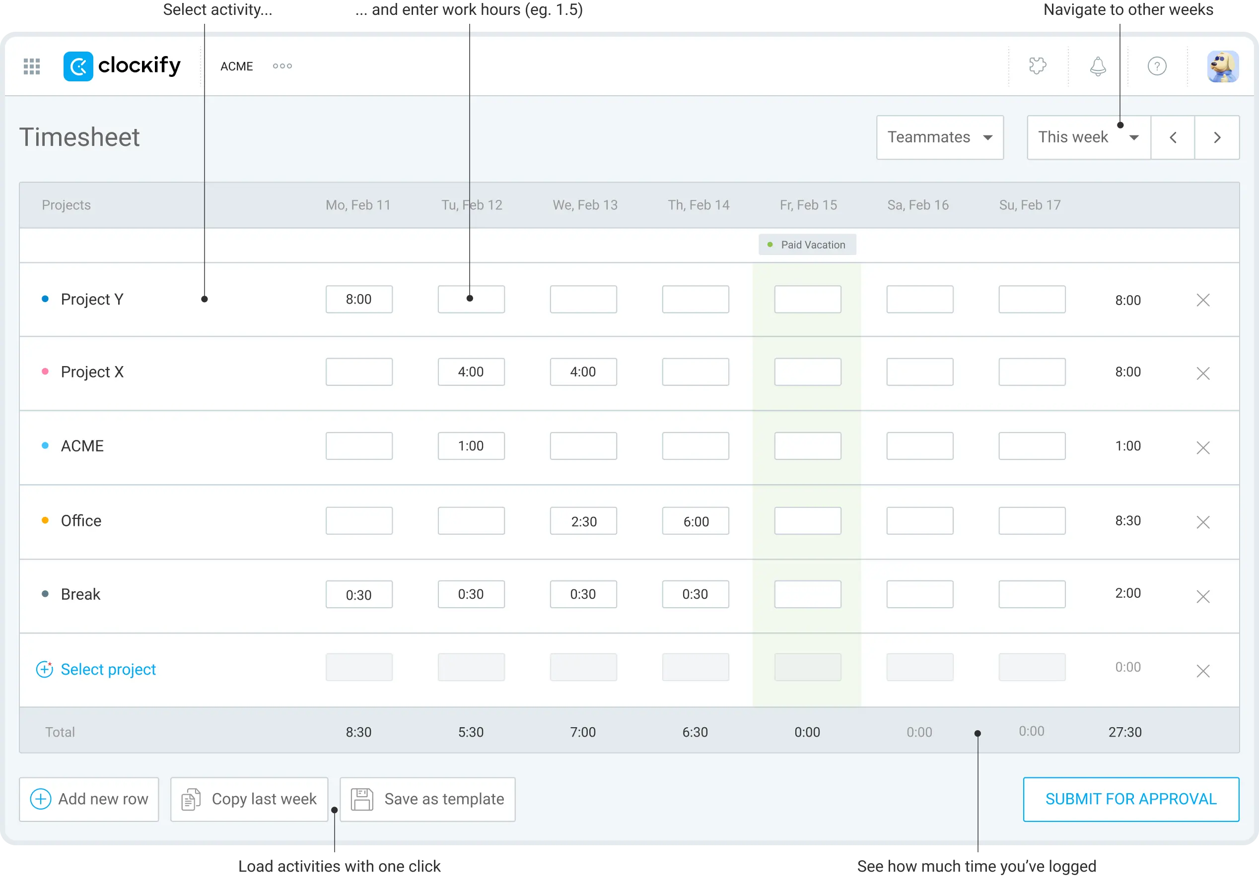 Record your projects and tasks in Timesheets