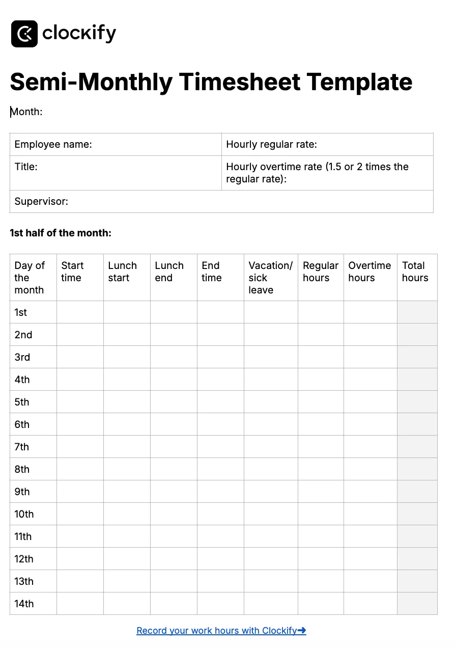 Semi-monthly timesheet template