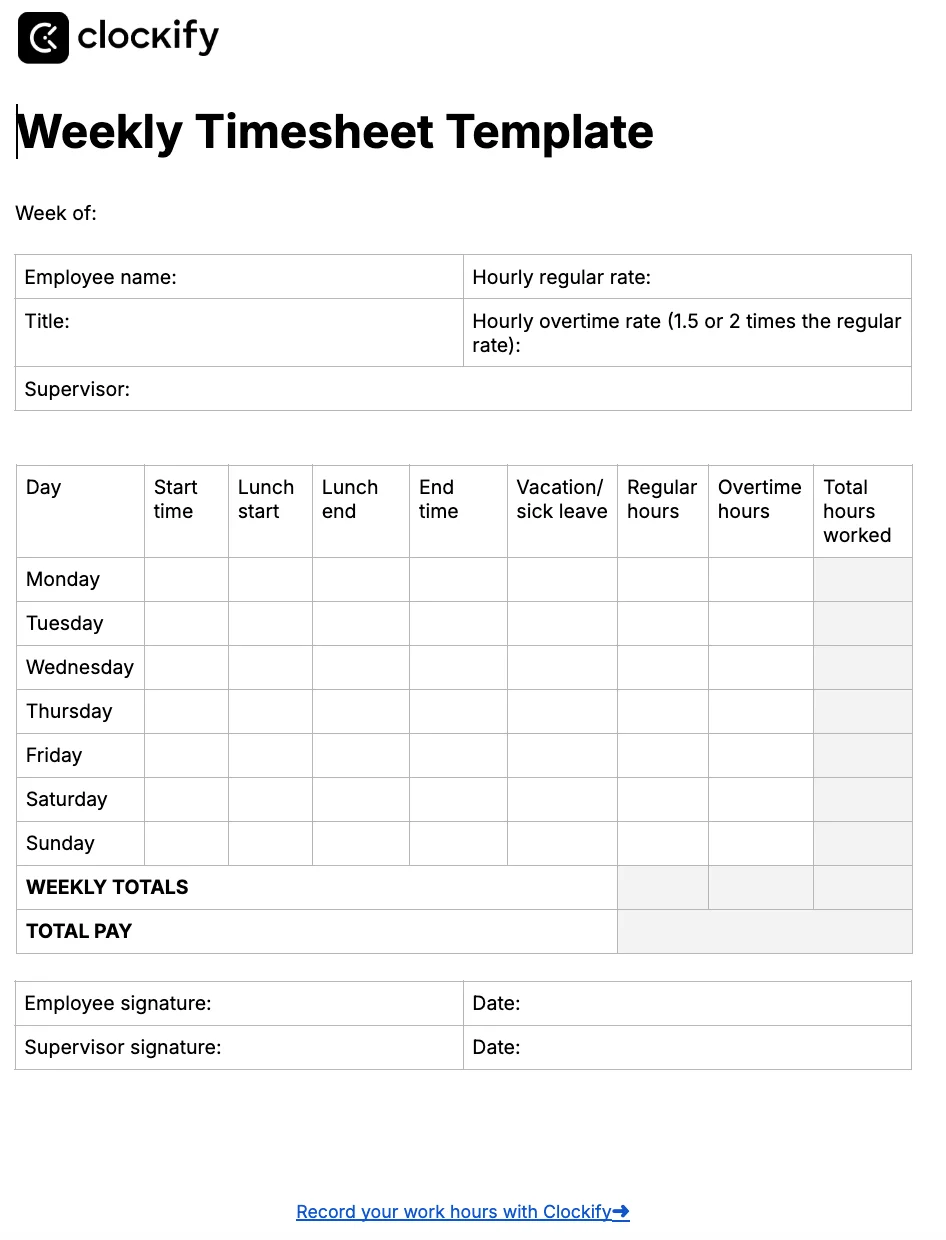 Weekly timesheet template