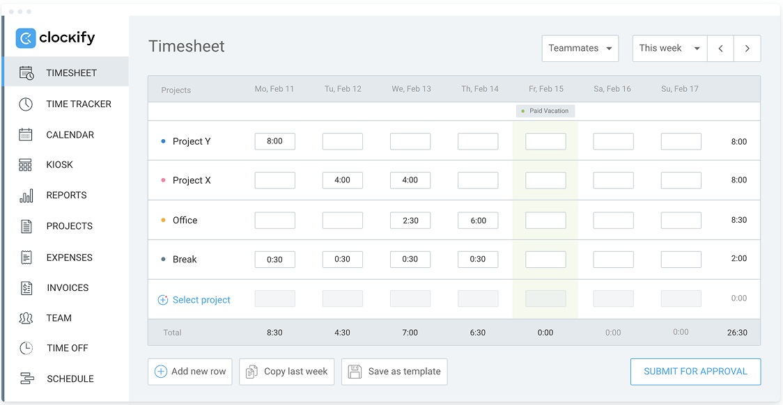 Clockify timesheet app