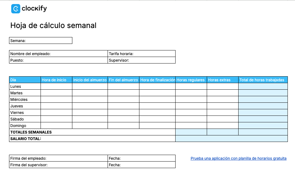 Planilla de horarios semanal