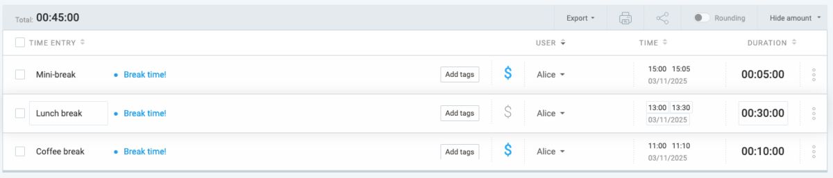 Tracking breaks in Clockify