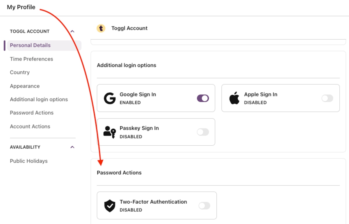 2FA authentication settings in Toggl Track