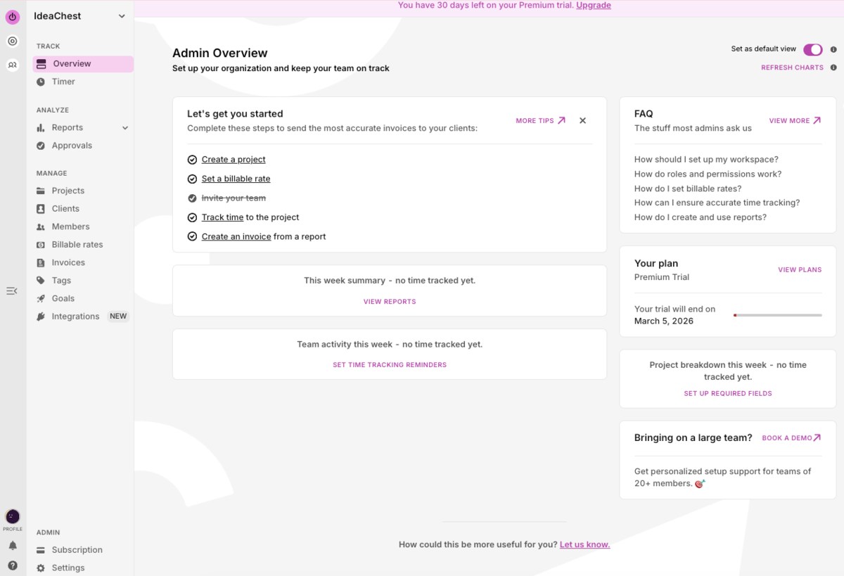 Admin Overview in Toggl Track