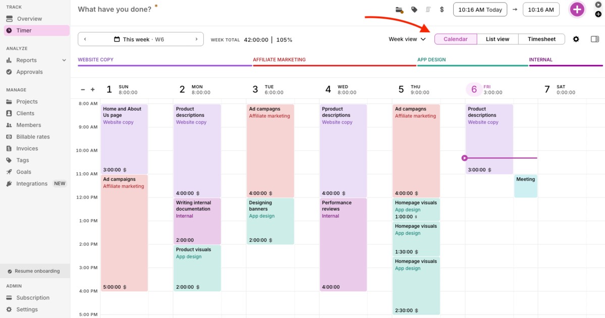 Calendar view in Toggl Track
