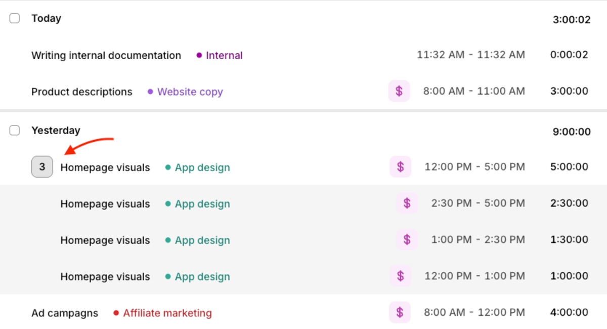 List view in Toggl Track