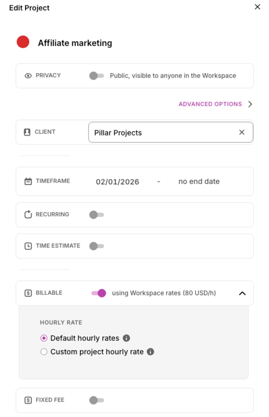 Project settings in Toggl Track