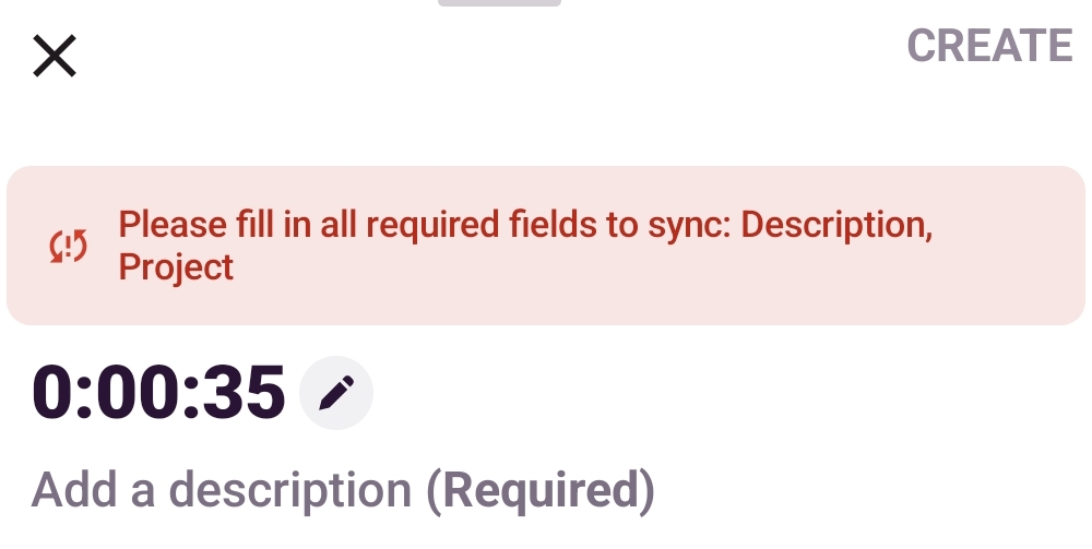 Required fields rule in the Toggl Track mobile app