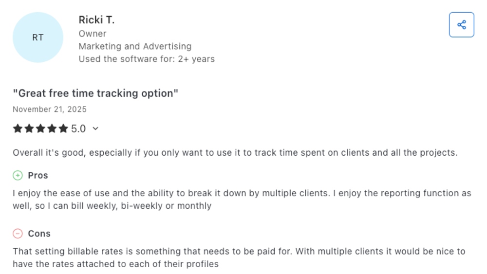 Toggl Track user review on Capterra