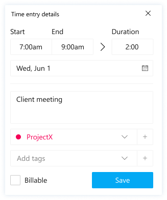 Capture d'écran de l'appli de suivi du temps Windows pour modifier les détails