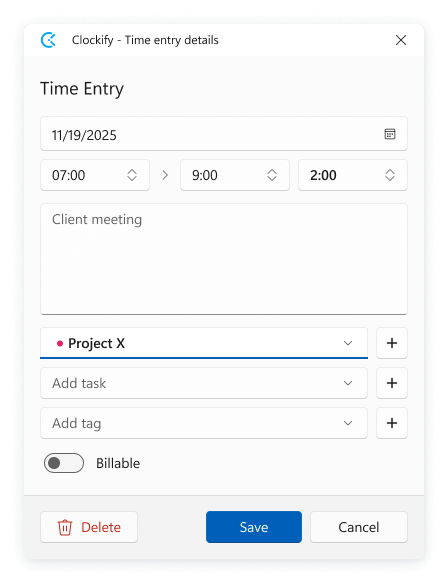 Windows time tracking app screenshot of editing details
