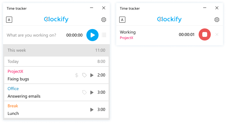 App de control del tiempo para Windows: captura de pantalla de las entradas de tiempo