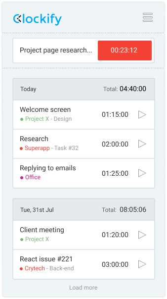 Windows time tracking app screenshot of timer