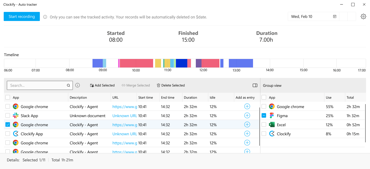 Windows time tracking app screenshot of auto tracker