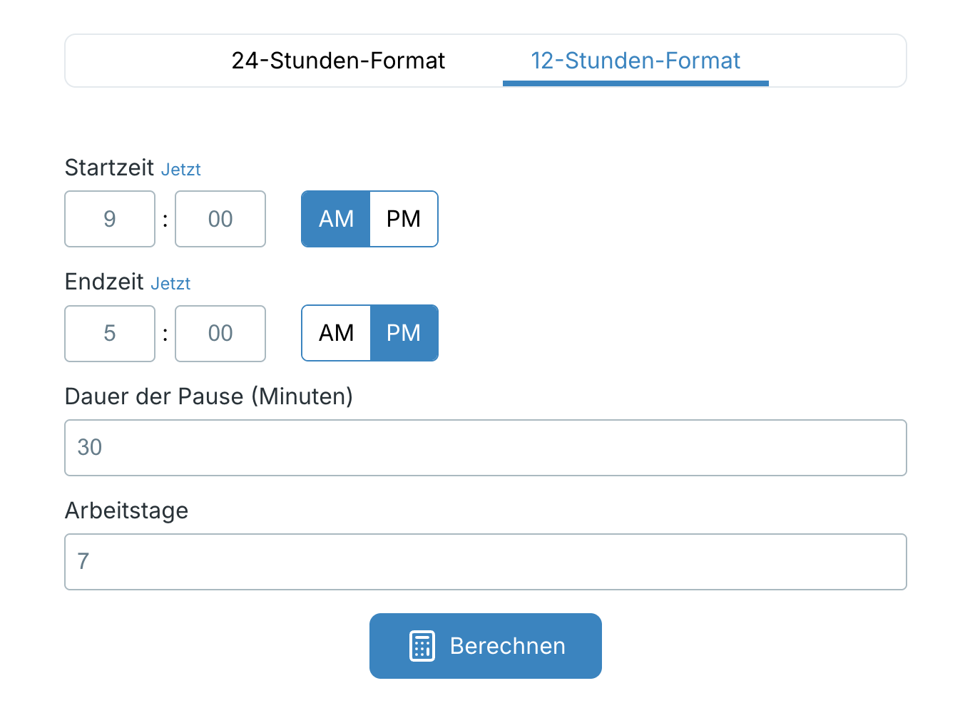 entering workdays in the work time calculator