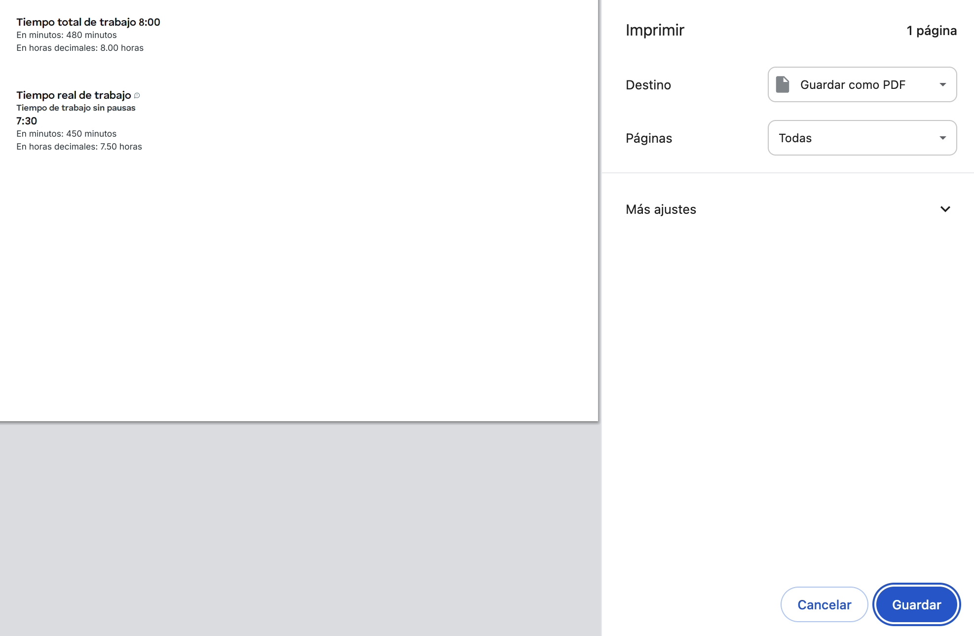 opción de imprimir en la calculadora de horas de trabajo