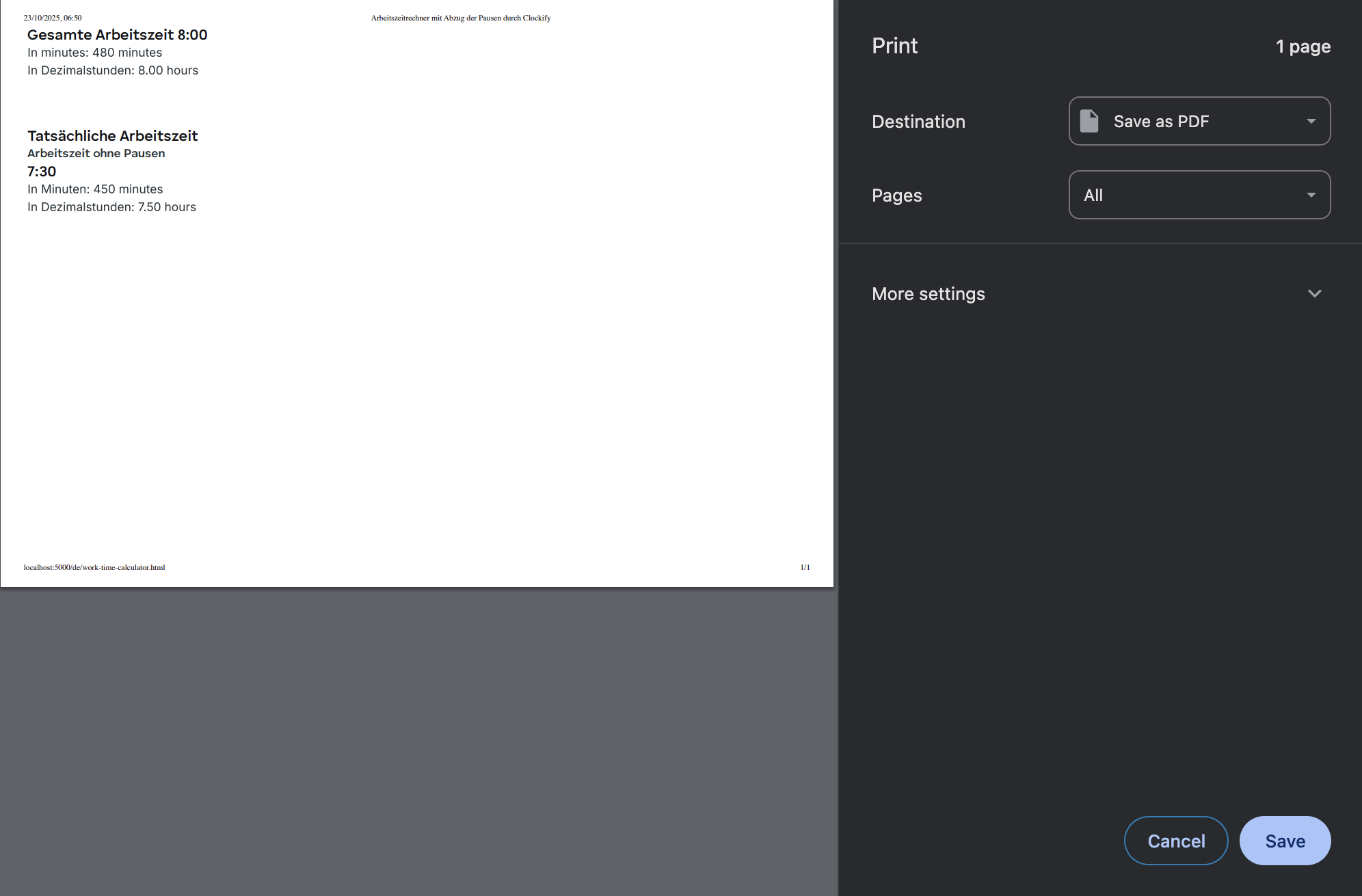 print option in work time calculator