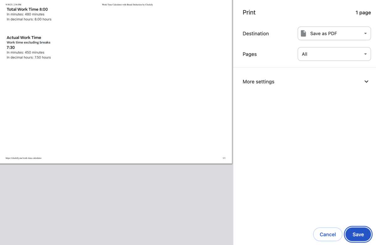 print option in work time calculator