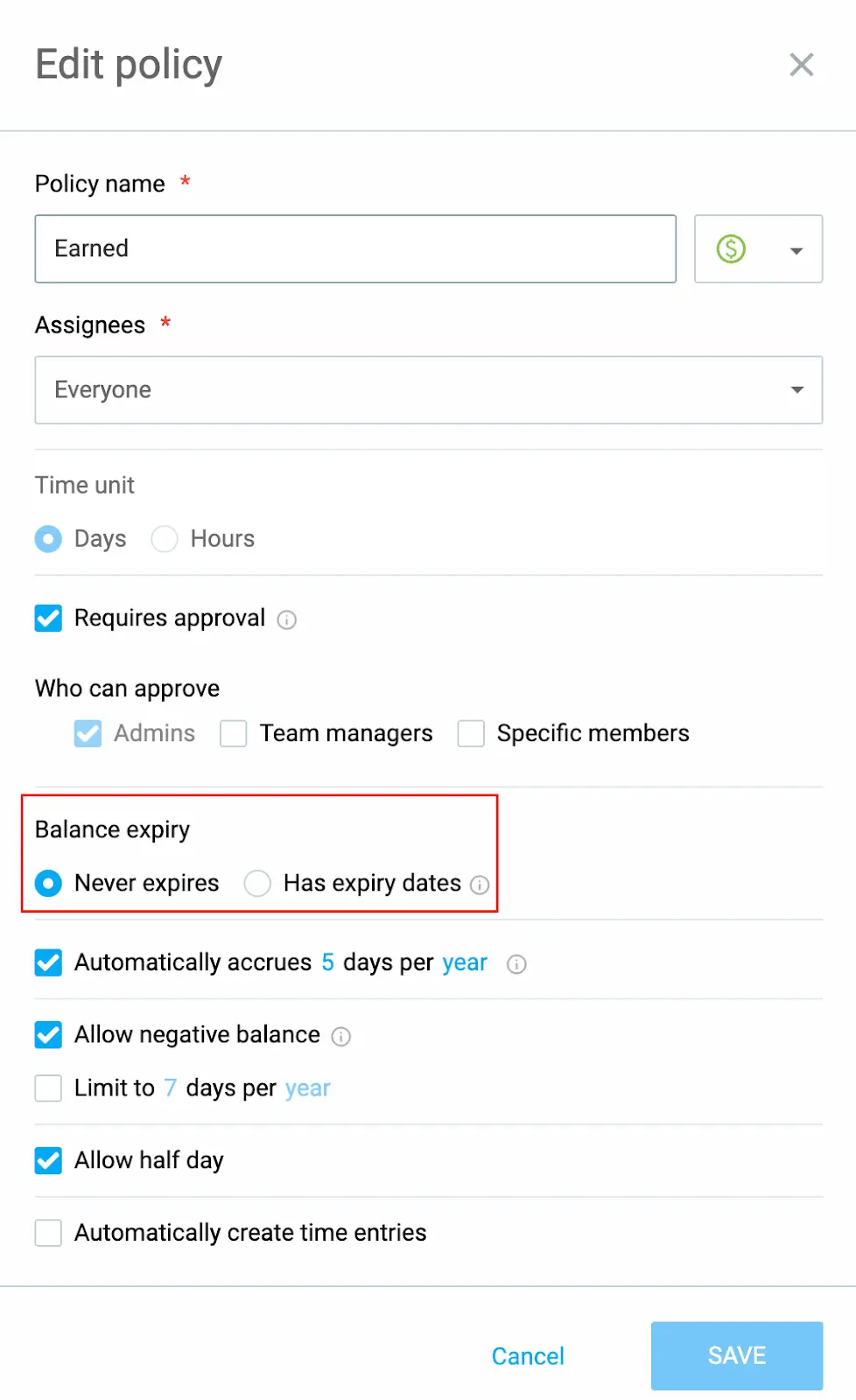 Choose whether your policy will have an expiry date or not