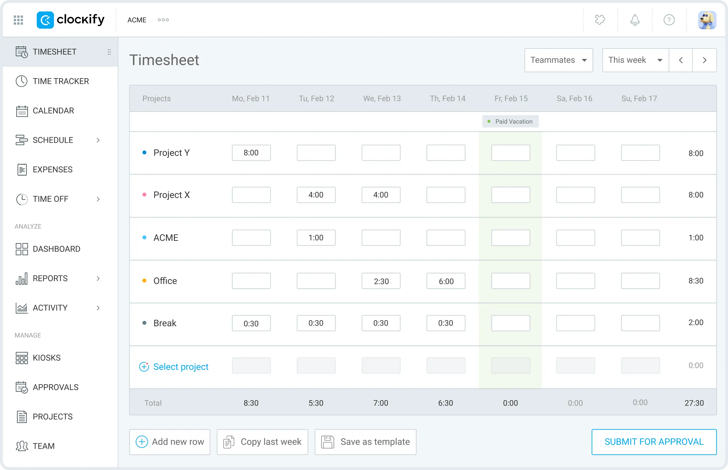 Tracking time with Timesheets in Clockify