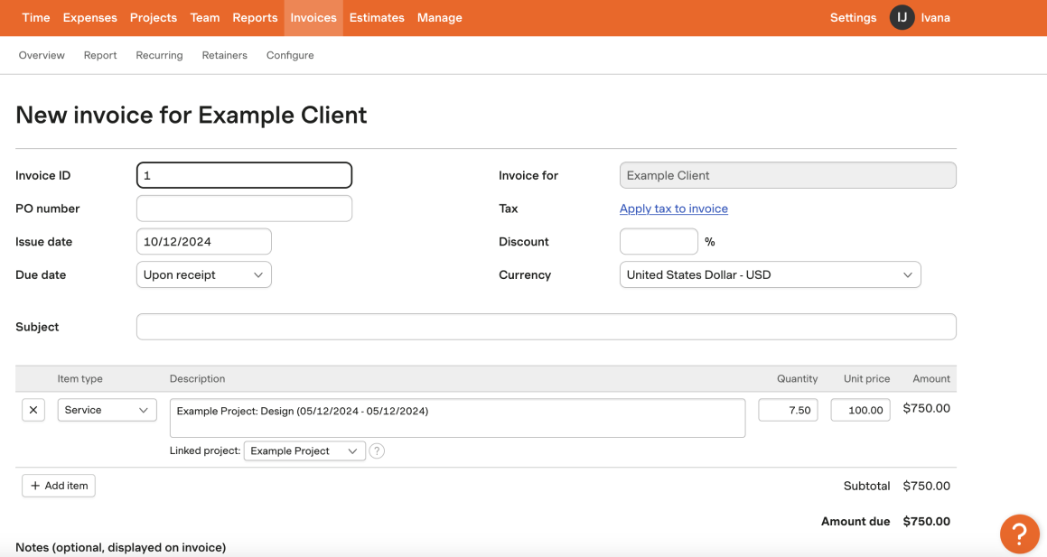 Harvest invoices