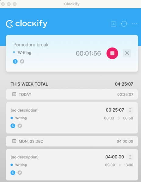 Clockify - Pomodoro timer on Mac