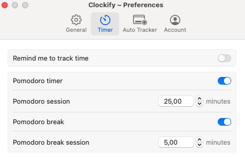 Clockify - Pomodoro timer settings