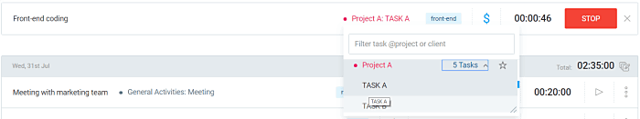 picking a project in Clockify