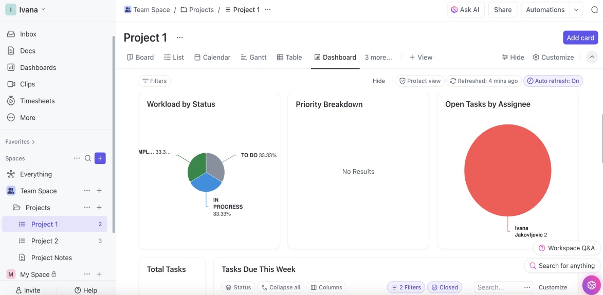 ClickUp project management dashboard