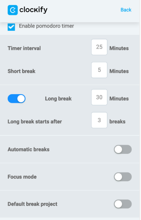 Clockify Pomodoro timer