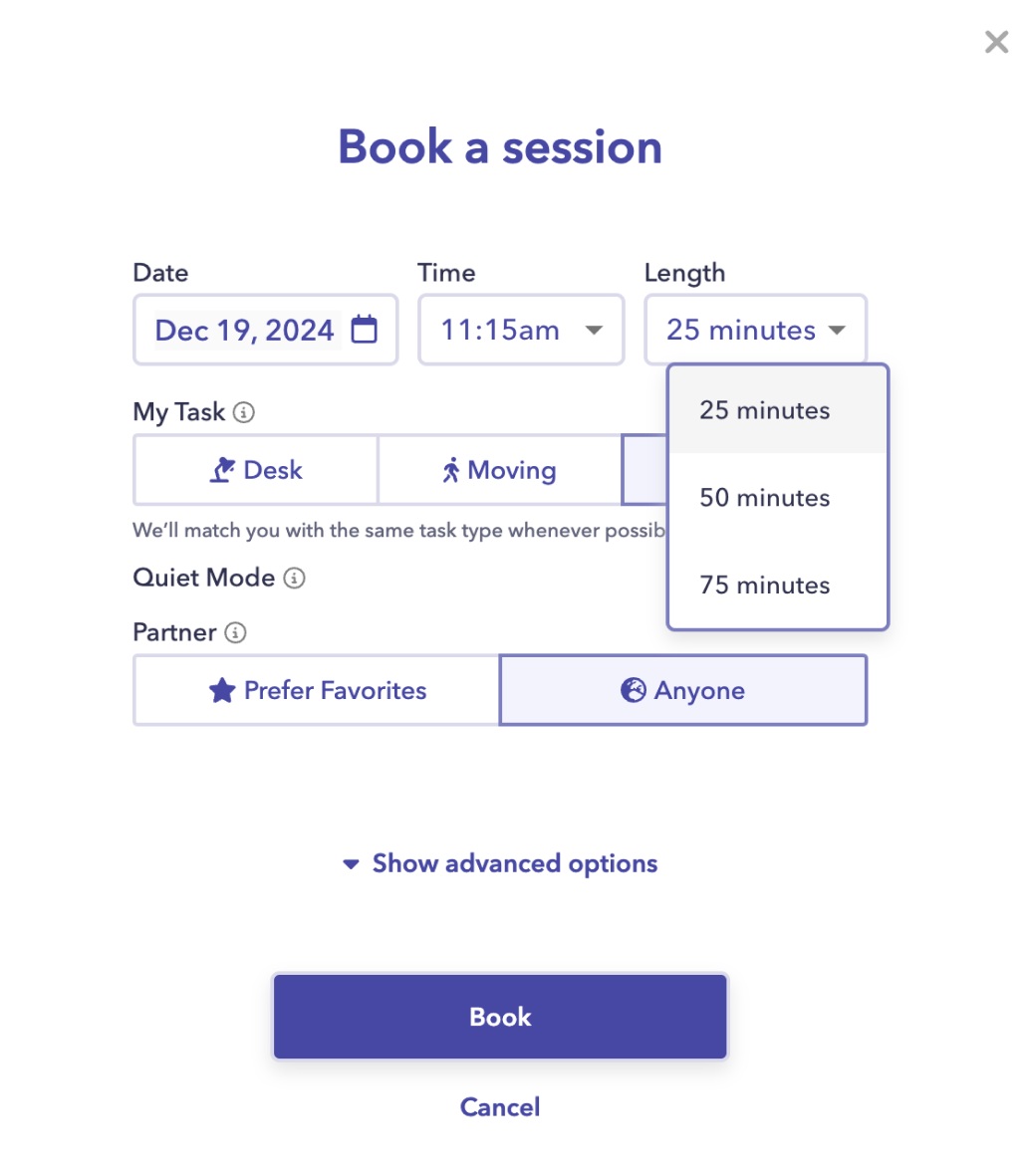 Focusmate booking a session