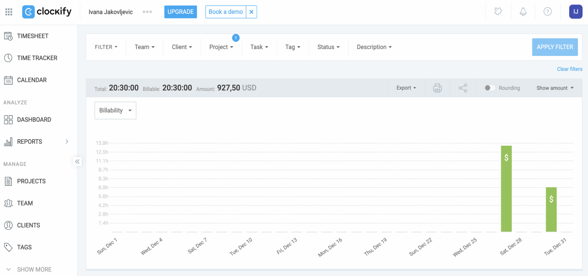 Checking total billable hours in Clockify report